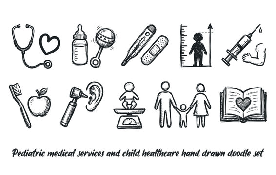 Pediatric medical services and child healthcare hand drawn doodle set