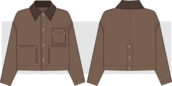 Unisex Short Cargo Jacket, workers jacket fashion technical drawing illustration, vector. front and back view, men women casual jacket. cad, mockup. 