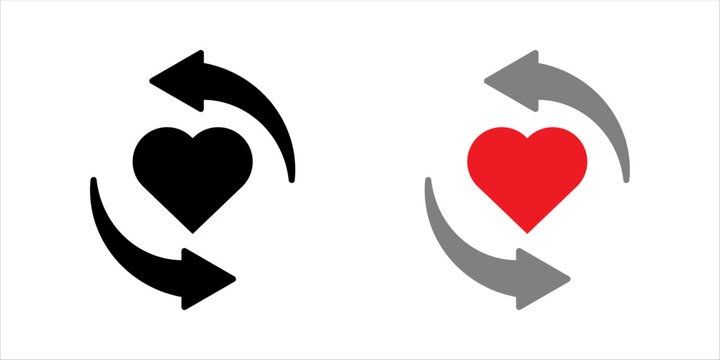 Outline icon setr. of heart with circular arrows symbolizing renewal, relationship, love cycle, and emotional connection.
