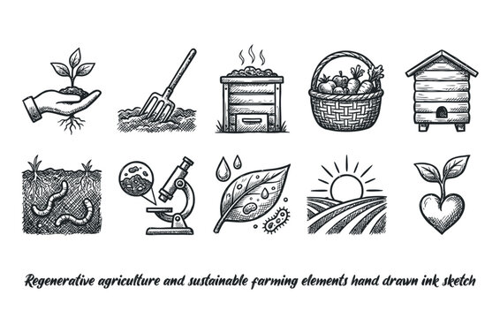 Regenerative agriculture and sustainable farming elements hand drawn ink sketch