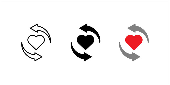 Outline icon setr. of heart with circular arrows symbolizing renewal, relationship, love cycle, and emotional connection.