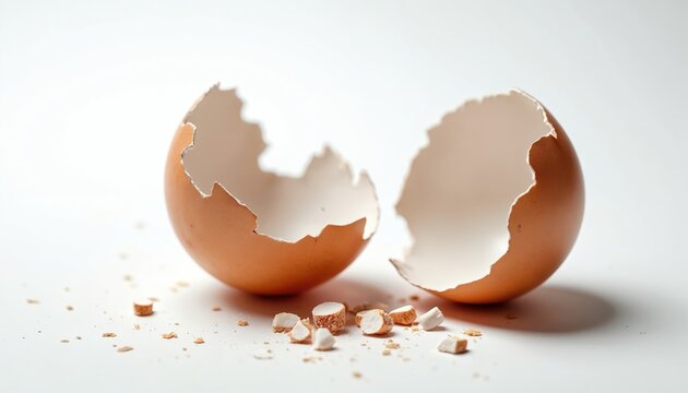 Broken light brown eggshell split in two halves with small fragments scattered on clean white surface. Minimalist composition transformation new beginnings. Useful for food organic concepts.