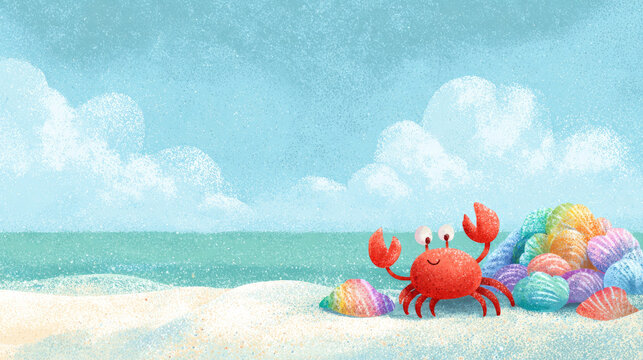 カニ 砂浜 海 貝殻 イラスト 背景 コピースペース Crab on sandy beach with colorful seashells summer ocean background copy space illustration
