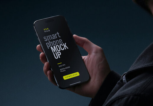  Cinematic Smartphone Mockup Held By Man Over Shoulder With Teal Background