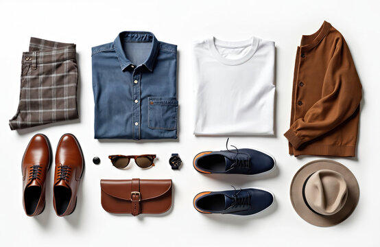 Flat lay arrangement of men clothing and accessories on white background. Casual outfit options include plaid pants denim shirt white tee brown cardigan navy sneakers brown oxfords and hat.
