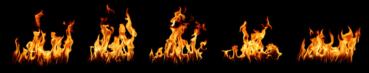 Fototapeta premium Set of fire flames isolated on black background, realistic burning blaze collection, orange and yellow heat elements, dynamic fire shapes, high detail for design and visual effects