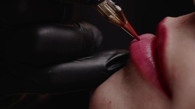 Lip tattooing permanent makeup procedure in beauty studio with gloved technician hand..