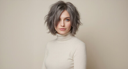 Obraz premium Young woman with short messy grey hair wearing a turtleneck. Fashion portrait on beige