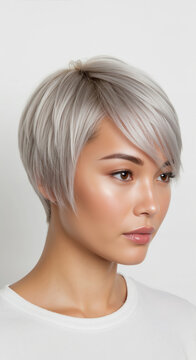 Profile portrait of a woman with a short silver pixie haircut. Trendy fashion hairstyle