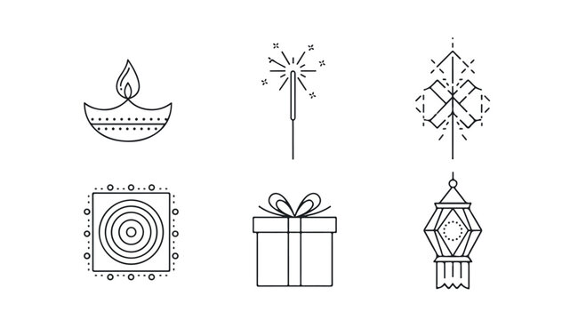 Diwali festival celebration line art icons set featuring traditional diya lamp sparkler gift box and Indian lantern for Hindu holiday