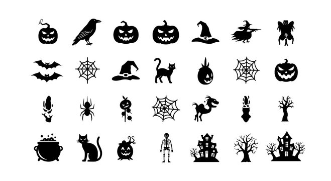 Halloween icons set with bats, pumpkins, spiders, ravens, ghosts, cauldrons and cobwebs for festive holiday design