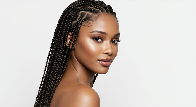 Portrait of a Black woman with long braided hairstyle. African American female model with cornrows looking at camera