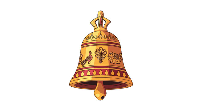Golden Indian temple bell illustration with traditional peacock and elephant motifs for Diwali festival and Hindu religious rituals isolated on white background
