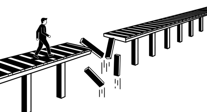 Man walking on broken bridge sections.