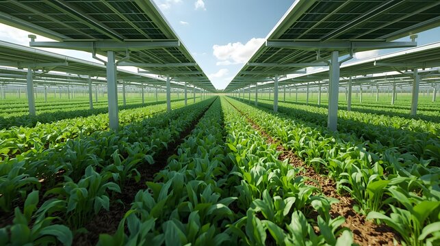 Rows of healthy green crops growing beneath a vast array of solar panels on a sunny day