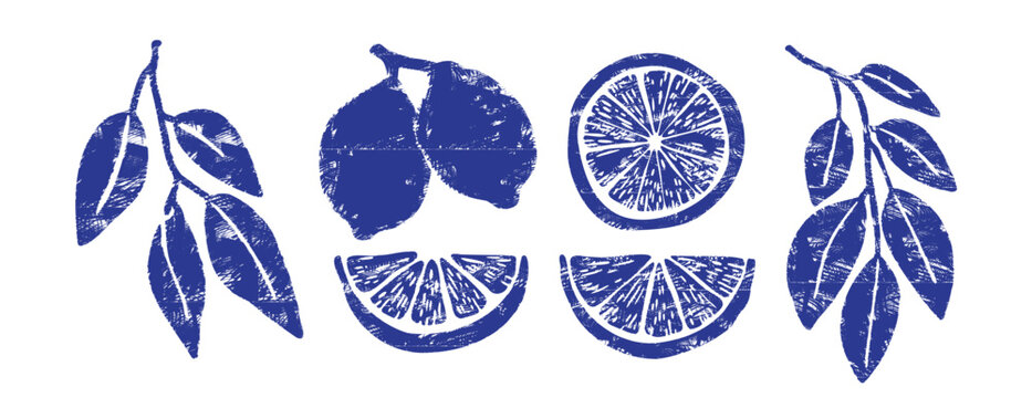 Blue Mediterranean lemon set. Hand-drawn linocut citrus branches, fruit and slices. Italian woodcut style for summer branding, packaging and kitchen labels. Vector indigo ink illustration