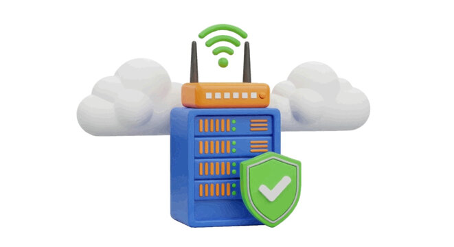 Vector illustration&nbsp;of 3d illustration of a secure server rack with wifi router and clouds on a transparent background