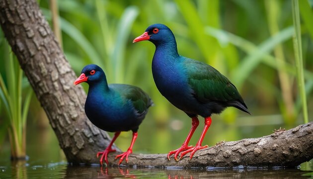 Two purple swamphens with bright red legs stand on a wet tree branch near water and green plants. The birds have dark blue bodies and green backs with red beaks.