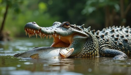 Obraz premium Large crocodile with open jaws eats caught fish in murky water. Reptile shows sharp teeth scales. Fierce hunter in natural river habitat, wild animal nature closeup shot.