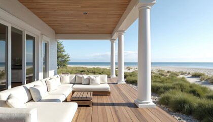 Obraz premium Modern coastal veranda with white sectional sofa and wood deck overlooks beach and ocean. Luxury home patio with pillars offers serene sea view. Outdoor living space invites relaxation.
