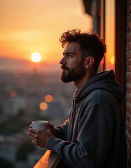 Obraz premium Man drinks hot beverage from mug on balcony watching sunset over city buildings. Calm guy in hoodie enjoys twilight leisure, peaceful contemplation, quiet evening atmosphere, cozy warmth, city view,