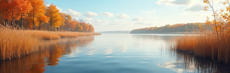 Obraz premium Autumn lake with yellow trees on shore. Tall dry reeds grow by calm water reflecting sky and fall foliage. Peaceful natural landscape in seasonal colors.
