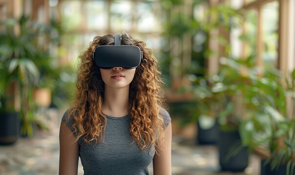 A woman wearing a virtual reality headset in a greenhouse surrounded by plants