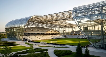 Naklejka premium modern sports stadium with green field and metal structure