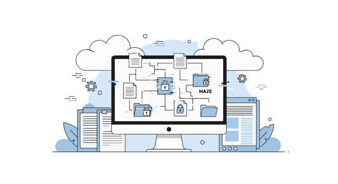 Digital security illustration with locked files and folders connected on a monitor