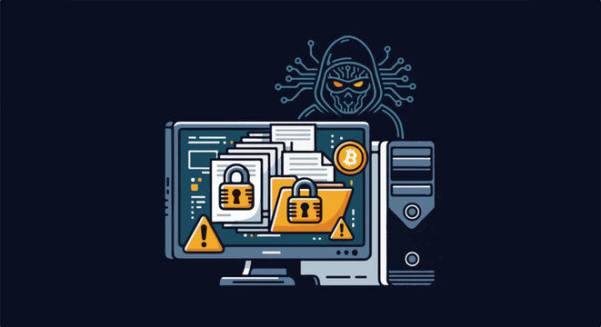 Cyber hacker menacingly looms over a locked digital computer system displaying crypto coin