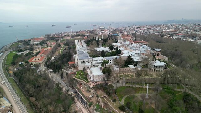 Topkapi Palace and Marmara sea in the back, fly away shot