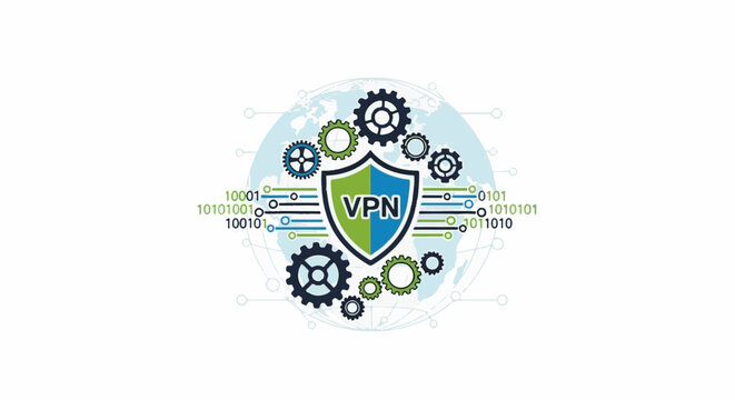 Digital shield with gears and binary code symbolizes global VPN security and connectivity
