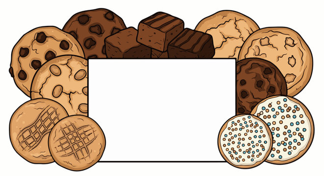 Delicious cookies and brownies arranged around a central blank space