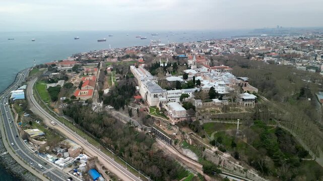 Topkapi Palace and Marmara sea in the back, circle shot