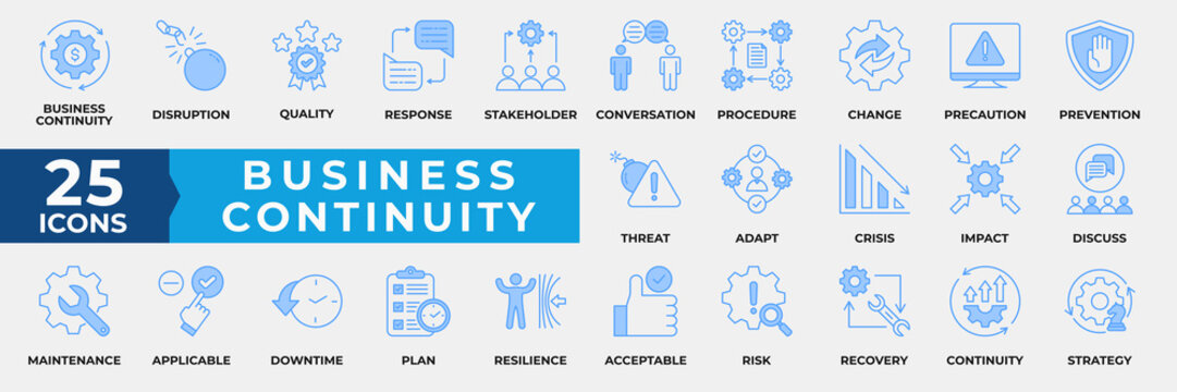 Business Continuity Icon Set Collection. Containing Business, Disruption, Quality, Response, Stakeholder, Conversation, Procedure, Finance, strategy and more. Simple Blue Vector Illustration.