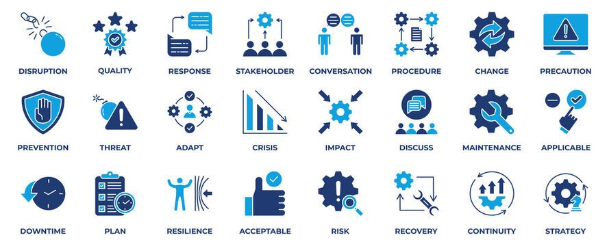 Business Continuity icon collection set. with icon business, continuity, strategy, finance, quality, prevention, risk, discuss and more. Flat blue solid style vector illustration. 