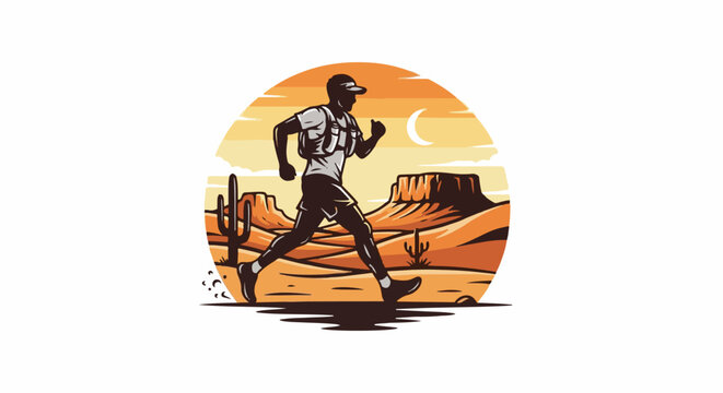 Desert runner in motion against a sunset, with cacti and mesas