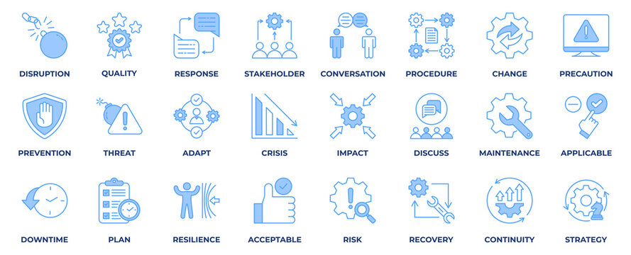 Business Continuity icon collection set. with icon business, continuity, strategy, finance, quality, prevention, risk, discuss and more. Blue Line style vector illustration. 