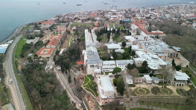 Topkapi Palace and Marmara sea in the back, fly above shot