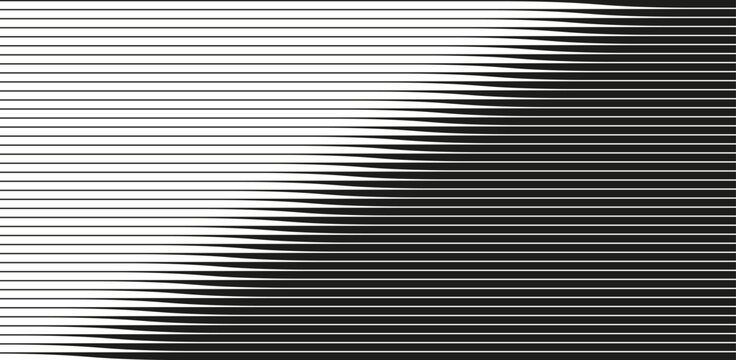 Abstract black and white horizontal lines background. Dynamic halftone gradient pattern. Modern geometric optical illusion backdrop. Vector illustration.