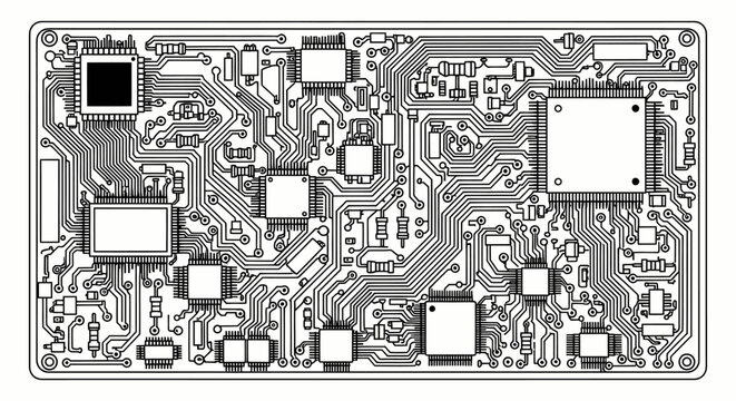 Close-up of a modern electronic circuit board with various components and a sleek, metallic design on a white background, representing the latest 2026 technology in a line and icon