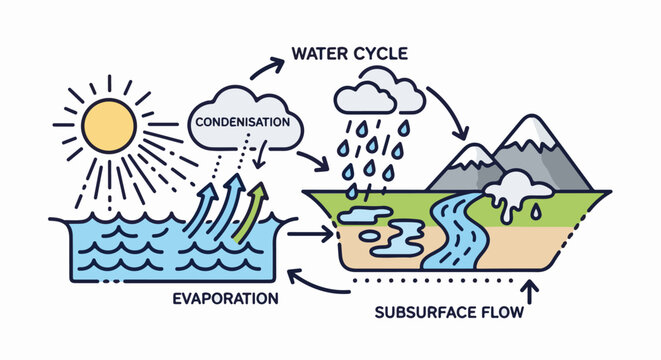 Diagram illustrating the water cycle with evaporation, condensation, and precipitation