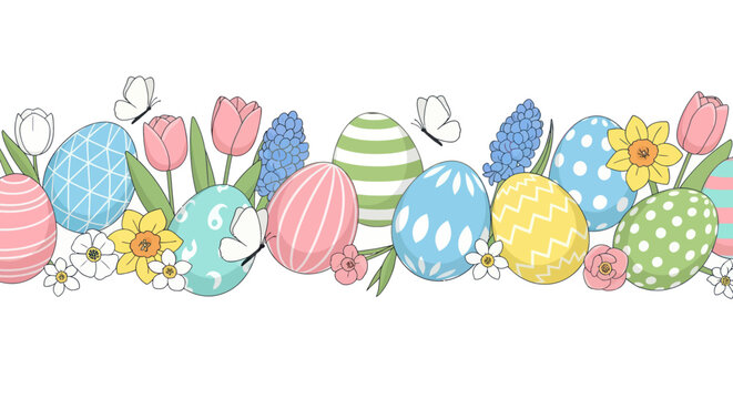 Colorful Easter egg and spring flower border illustration on white background