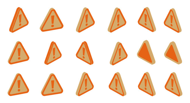 Set of isometric 3D warning icons with exclamation marks in orange on white background