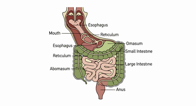 Diagram of a digestive system showing organs like the mouth, esophagus, and intestines