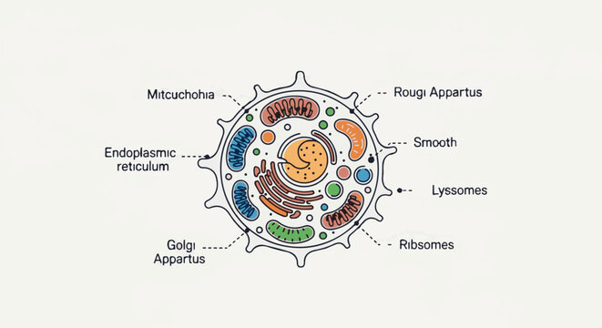 Diagram of a cell with labeled organelles, showing internal structures and outer membrane detail