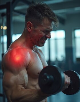 Man feels sharp shoulder pain during dumbbell exercise. Athlete grimaces with discomfort in gym lifting weights. Fitness injury moment strain during strength training workout. Gym pain during workout.