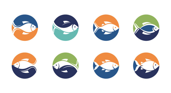 Collection of stylized fish logos in circles