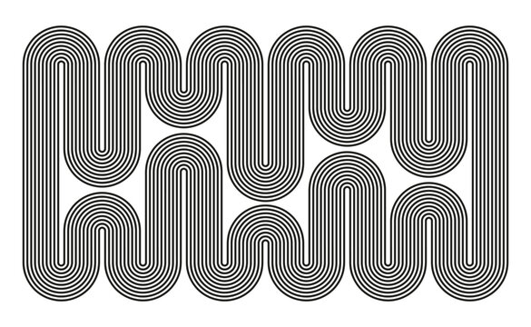 Abstract retro continuous black and white wavy lines pattern. Interlocking geometric rounded curves background. Monochrome linear maze vector illustration.