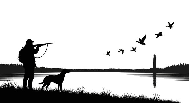 Silhouette of hunter with dog and ducks flying past a lighthouse.